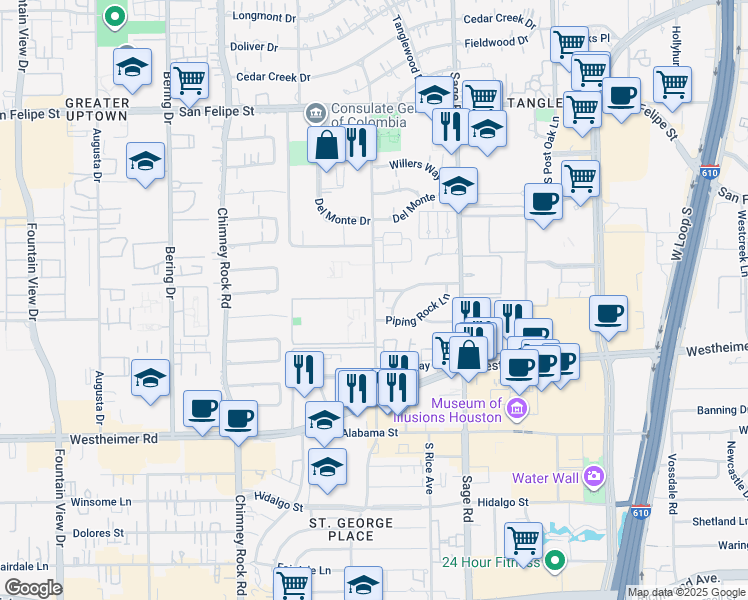 map of restaurants, bars, coffee shops, grocery stores, and more near 2530 Yorktown Street in Houston