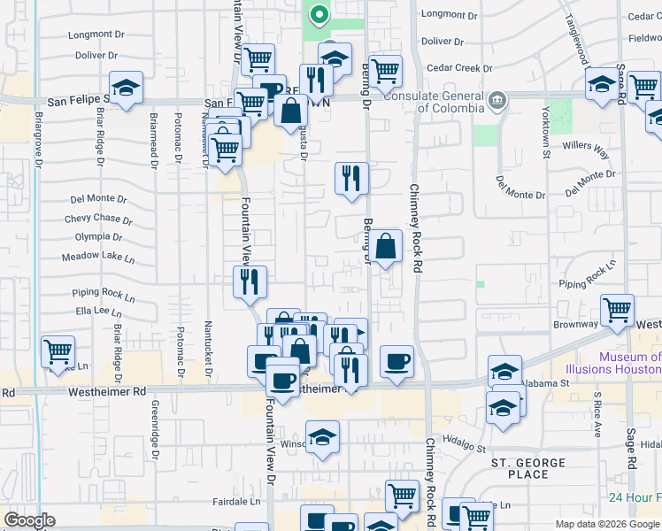 map of restaurants, bars, coffee shops, grocery stores, and more near 2211 Augusta Drive in Houston
