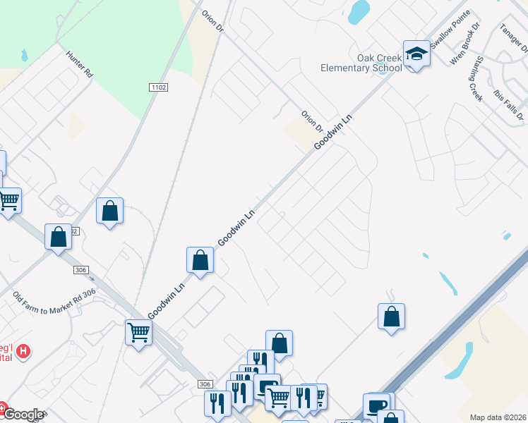 map of restaurants, bars, coffee shops, grocery stores, and more near 2725 Brogan Creek in New Braunfels
