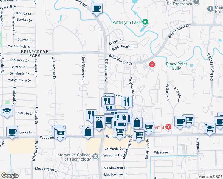 map of restaurants, bars, coffee shops, grocery stores, and more near 2077 South Gessner Road in Houston