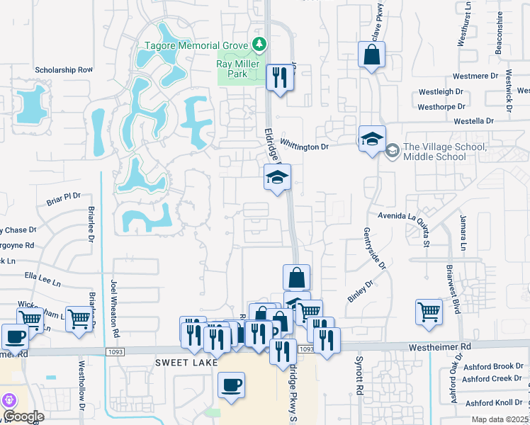 map of restaurants, bars, coffee shops, grocery stores, and more near 2150 Eldridge Parkway in Houston