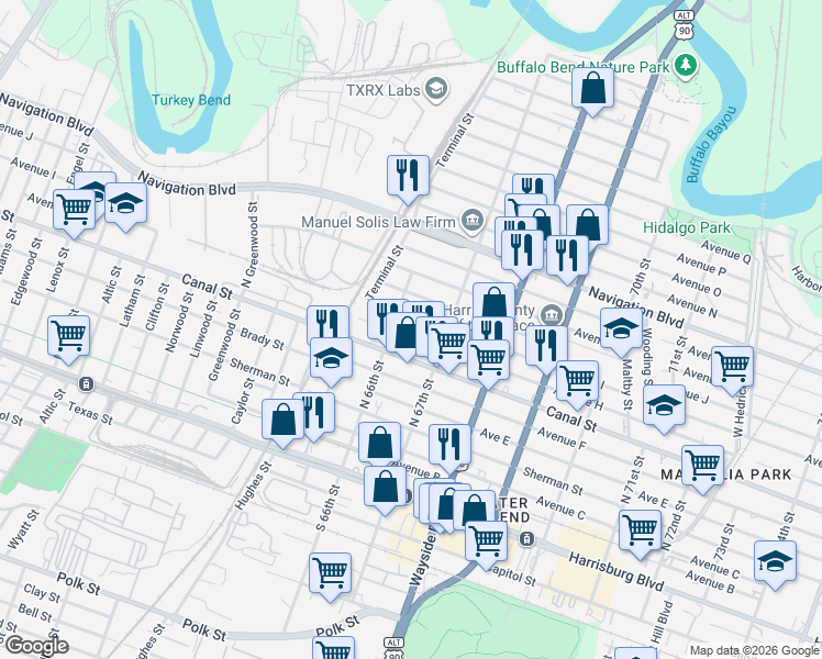 map of restaurants, bars, coffee shops, grocery stores, and more near 6611 Avenue I in Houston