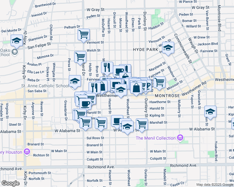 map of restaurants, bars, coffee shops, grocery stores, and more near 2505 Driscoll Street in Houston