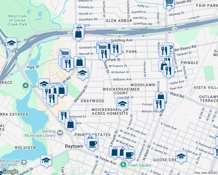 map of restaurants, bars, coffee shops, grocery stores, and more near 1409 North Pruett Street in Baytown
