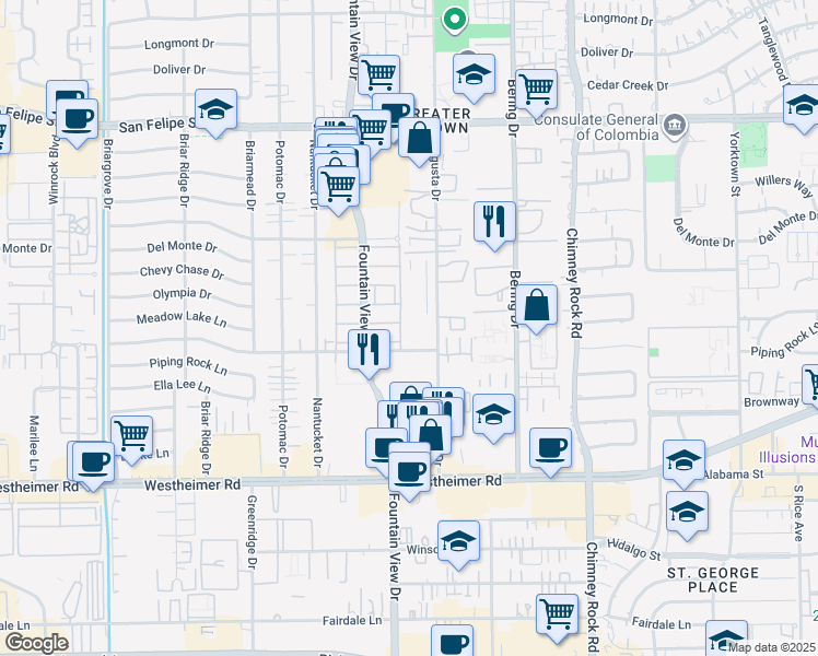 map of restaurants, bars, coffee shops, grocery stores, and more near 2140 Augusta Drive in Houston