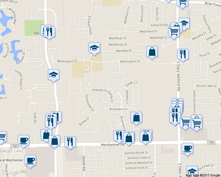 map of restaurants, bars, coffee shops, grocery stores, and more near 2215 Avenida La Quinta Street in Houston