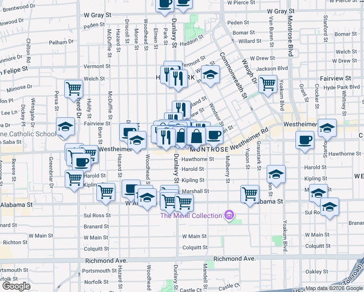 map of restaurants, bars, coffee shops, grocery stores, and more near 2506 Ralph Street in Houston