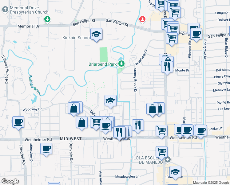 map of restaurants, bars, coffee shops, grocery stores, and more near 8003 Woodway Drive in Houston