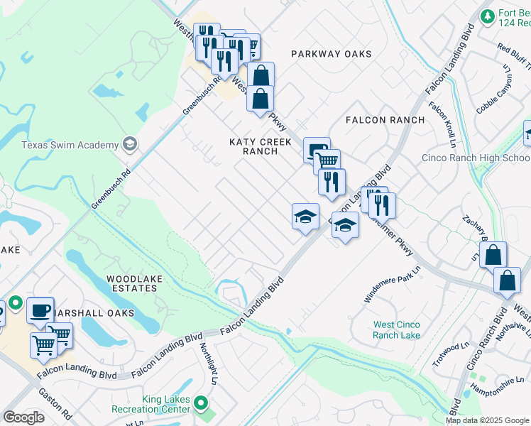 map of restaurants, bars, coffee shops, grocery stores, and more near 25018 Hazel Ranch Drive in Katy