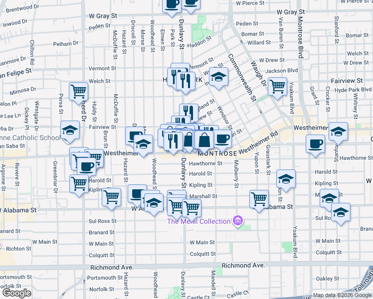 map of restaurants, bars, coffee shops, grocery stores, and more near 2506 Ralph Street in Houston