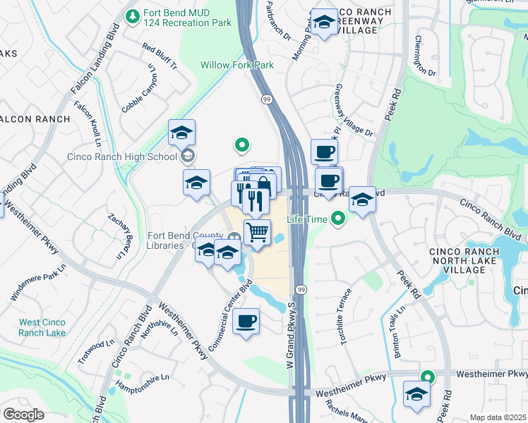map of restaurants, bars, coffee shops, grocery stores, and more near 23501 Cinco Ranch Boulevard in Katy