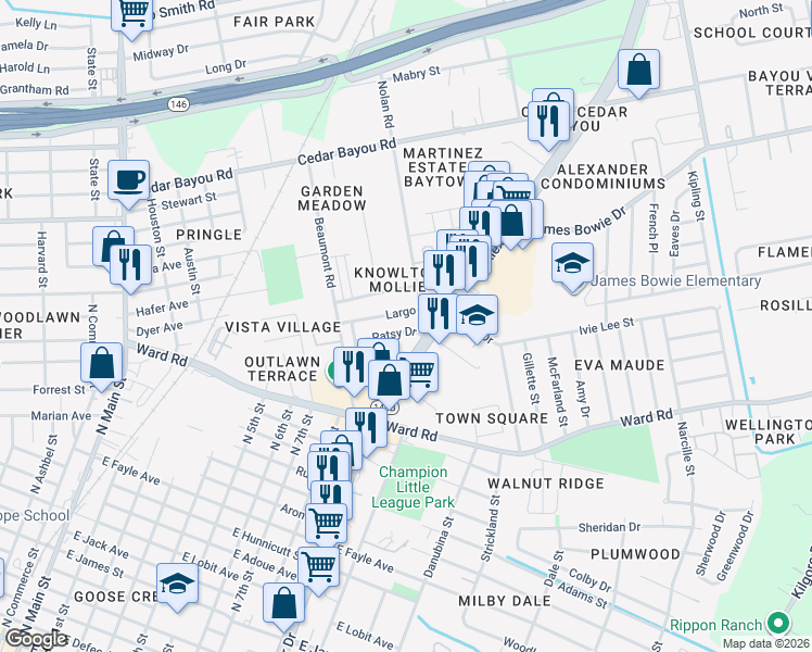 map of restaurants, bars, coffee shops, grocery stores, and more near 1000 Largo Street in Baytown