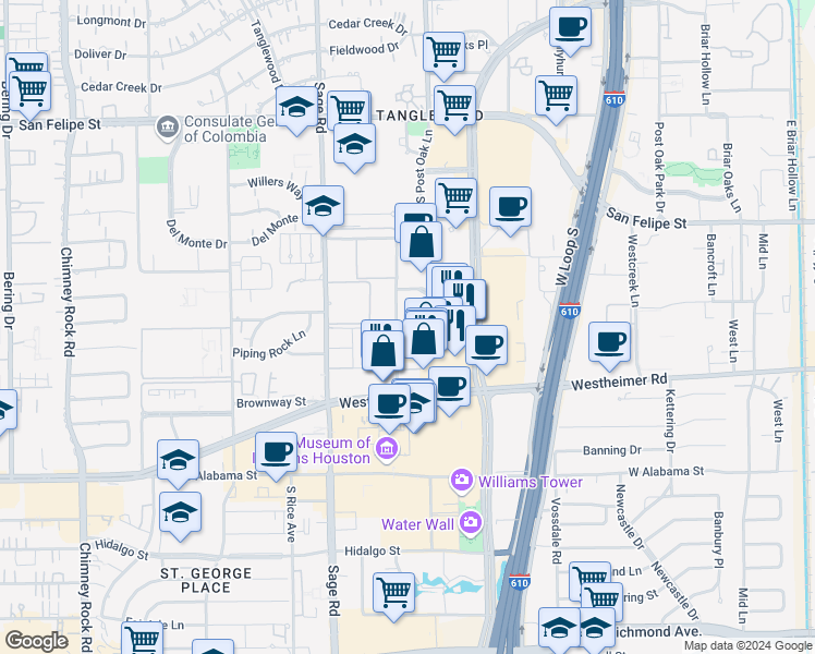map of restaurants, bars, coffee shops, grocery stores, and more near 2523 McCue Road in Houston