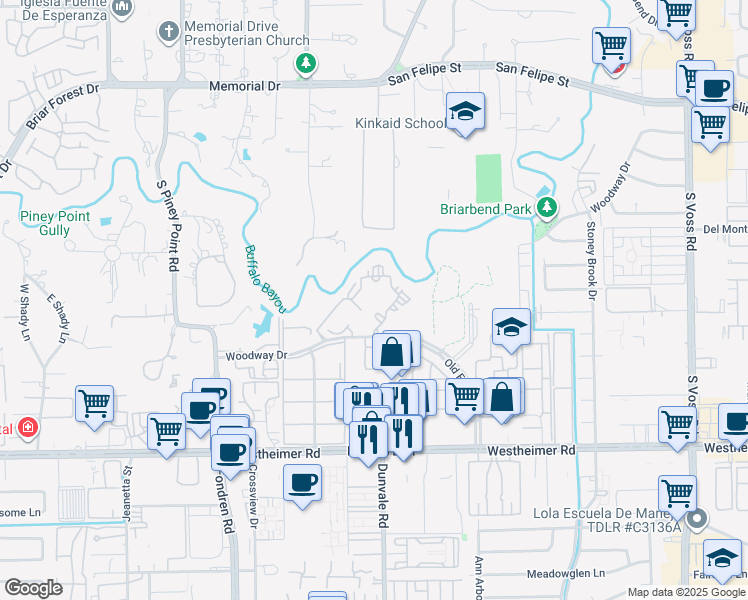 map of restaurants, bars, coffee shops, grocery stores, and more near 8585 Woodway Drive in Houston