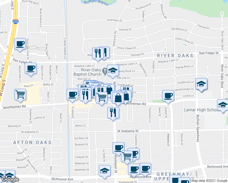 map of restaurants, bars, coffee shops, grocery stores, and more near Willowick Rd & Wickersham Ln in Houston
