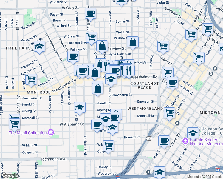map of restaurants, bars, coffee shops, grocery stores, and more near 535 Lovett Boulevard in Houston