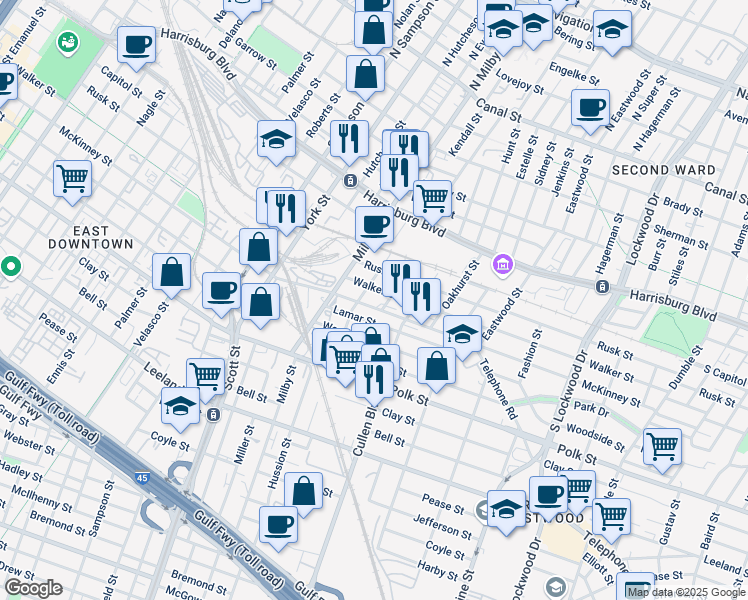 map of restaurants, bars, coffee shops, grocery stores, and more near 3919 Walker Street in Houston