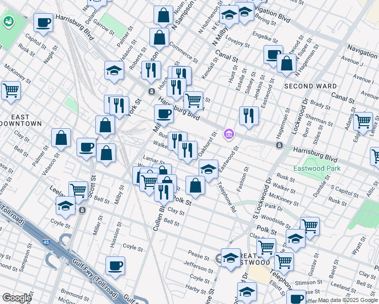 map of restaurants, bars, coffee shops, grocery stores, and more near 806 Cullen Boulevard in Houston