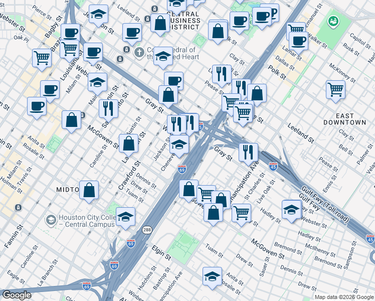 map of restaurants, bars, coffee shops, grocery stores, and more near 2200 Chenevert Street in Houston