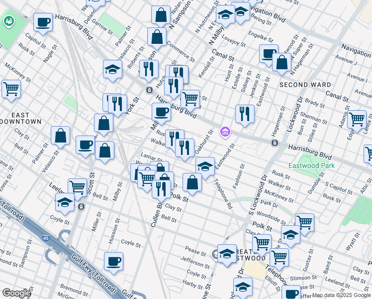map of restaurants, bars, coffee shops, grocery stores, and more near 806 Cullen Boulevard in Houston
