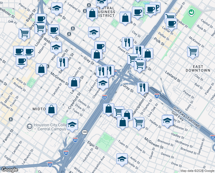 map of restaurants, bars, coffee shops, grocery stores, and more near 2200 Chenevert Street in Houston