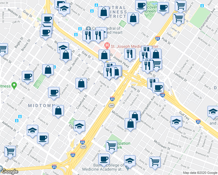 map of restaurants, bars, coffee shops, grocery stores, and more near 2200 Chenevert Street in Houston