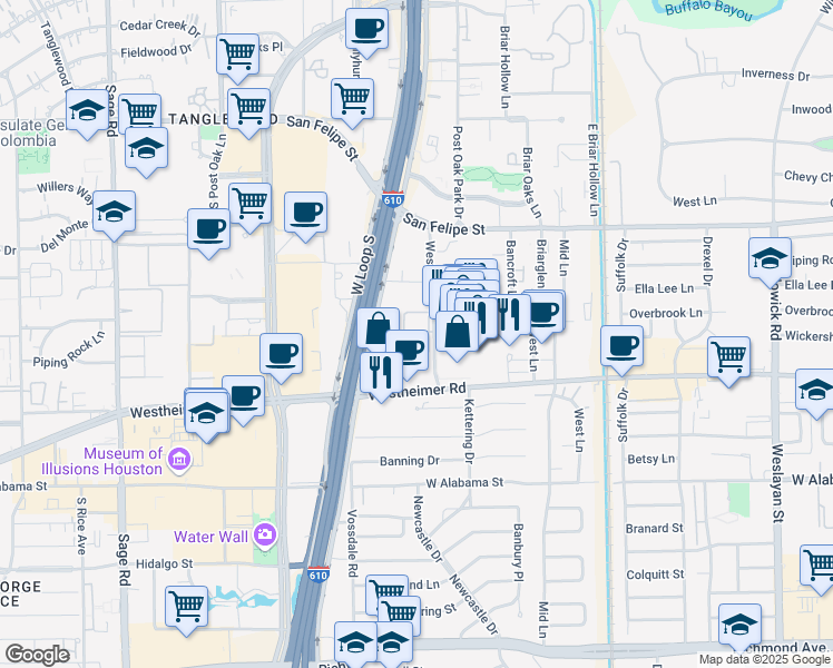 map of restaurants, bars, coffee shops, grocery stores, and more near 2350 Westcreek Lane in Houston