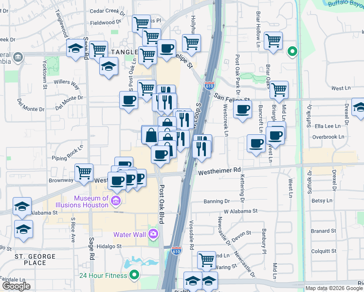 map of restaurants, bars, coffee shops, grocery stores, and more near 2222 West Loop South in Houston