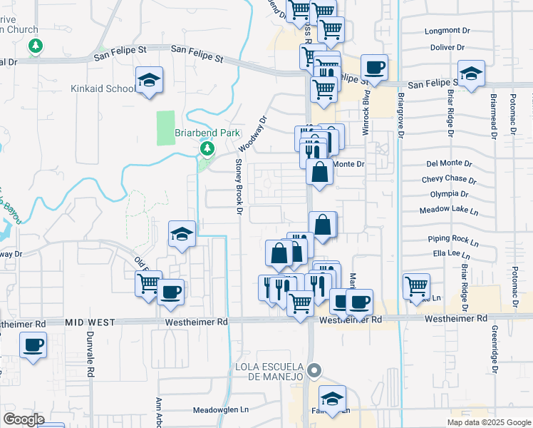 map of restaurants, bars, coffee shops, grocery stores, and more near 7600 Burgoyne Road in Houston