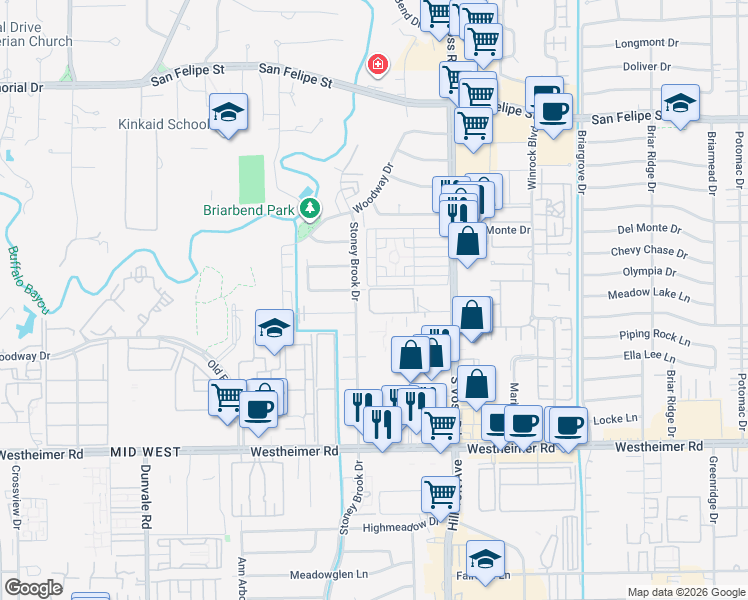 map of restaurants, bars, coffee shops, grocery stores, and more near 2215 Stoney Brook Drive in Houston