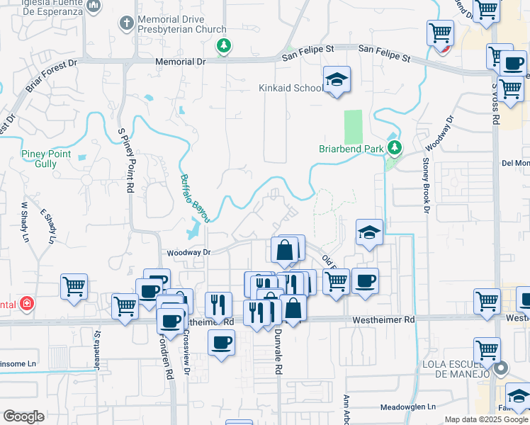 map of restaurants, bars, coffee shops, grocery stores, and more near 8580 Woodway Drive in Houston