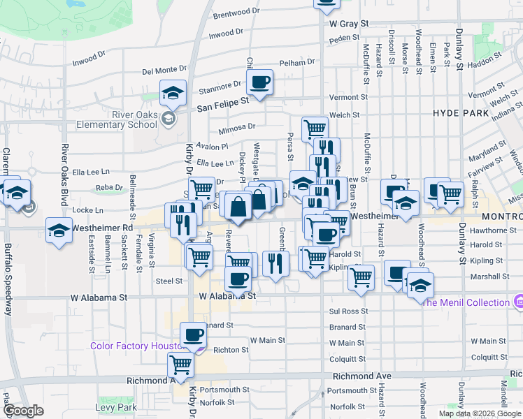 map of restaurants, bars, coffee shops, grocery stores, and more near 2510 Westgate Drive in Houston