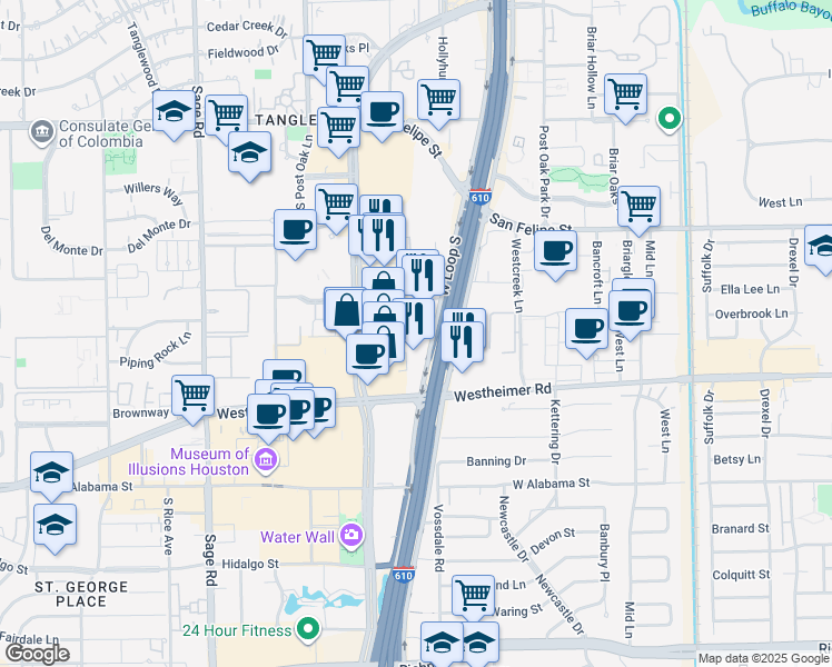 map of restaurants, bars, coffee shops, grocery stores, and more near 2222 West Loop South in Houston