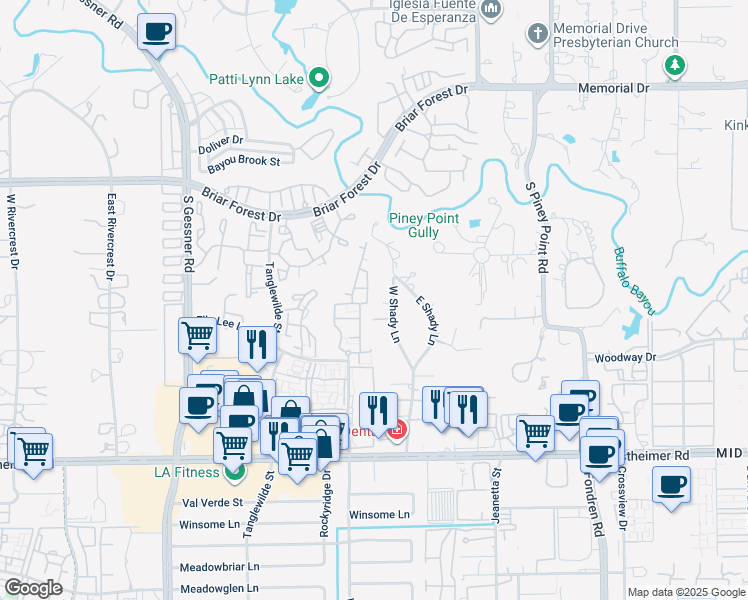 map of restaurants, bars, coffee shops, grocery stores, and more near 11 West Shady Lane in Houston