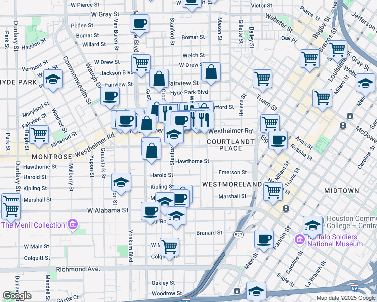 map of restaurants, bars, coffee shops, grocery stores, and more near 501 Lovett Boulevard in Houston