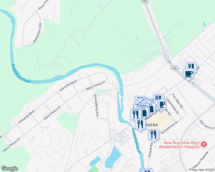 map of restaurants, bars, coffee shops, grocery stores, and more near 1574 Edwards Boulevard in New Braunfels