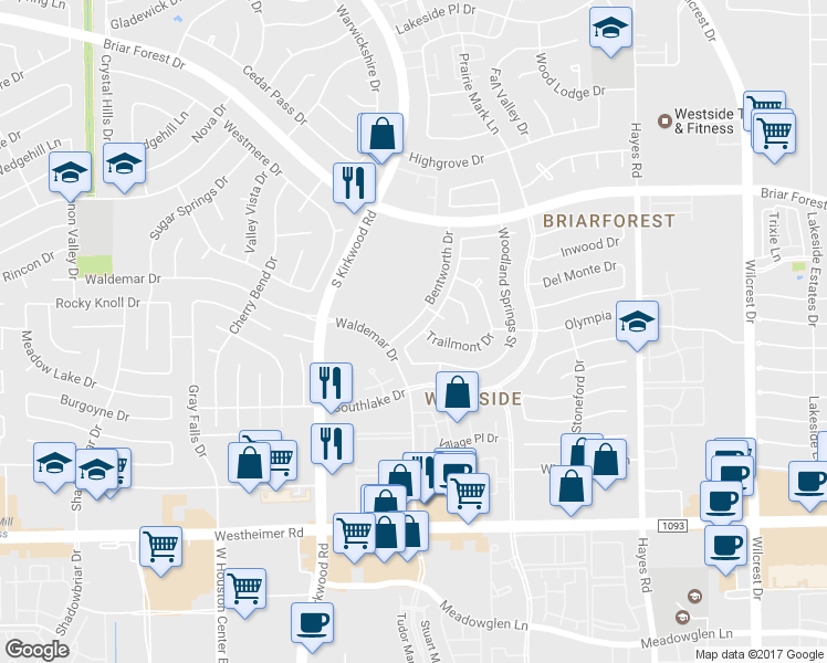 map of restaurants, bars, coffee shops, grocery stores, and more near 2218 Hickory Lawn Drive in Houston