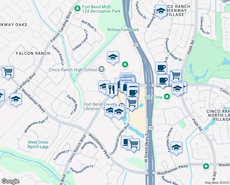 map of restaurants, bars, coffee shops, grocery stores, and more near 23420 Cinco Ranch Boulevard in Katy