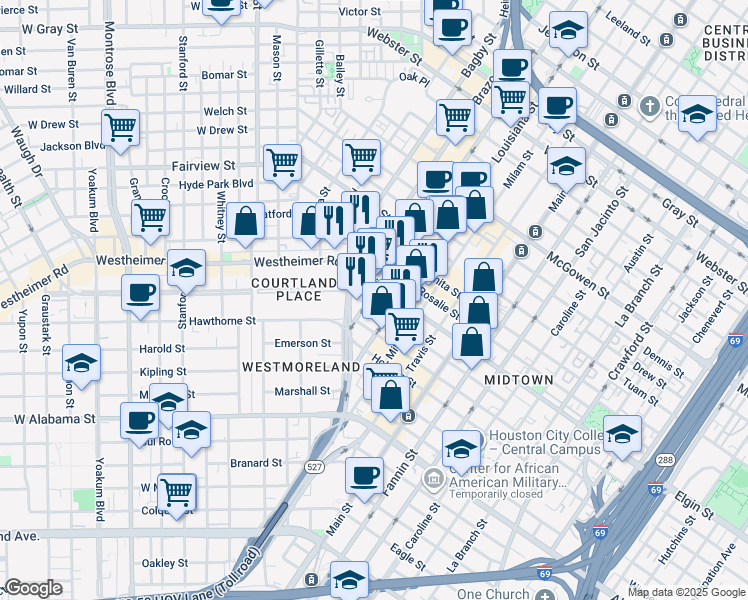 map of restaurants, bars, coffee shops, grocery stores, and more near 3210 Louisiana Street in Houston