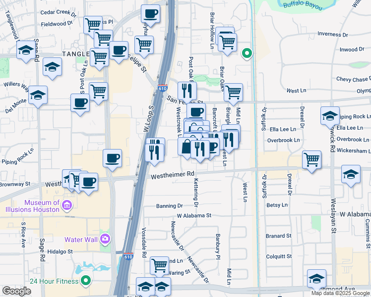 map of restaurants, bars, coffee shops, grocery stores, and more near 4444 Westheimer Road in Houston