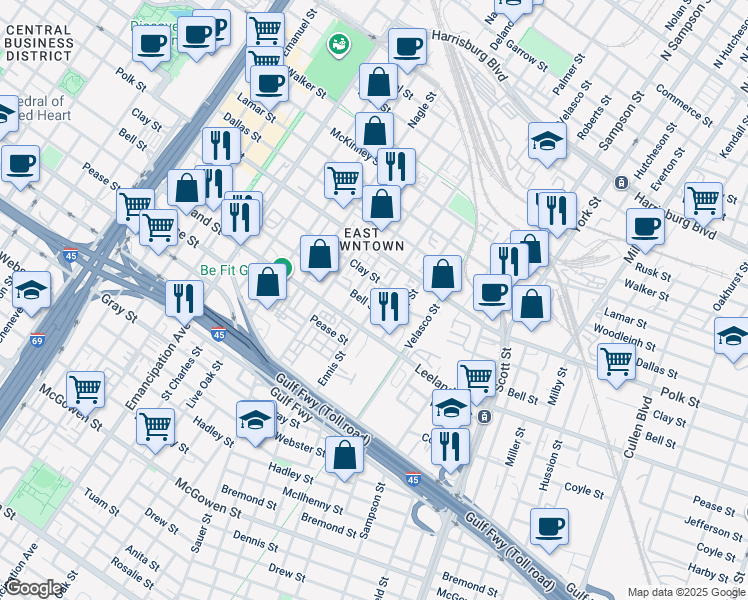 map of restaurants, bars, coffee shops, grocery stores, and more near 1436 Ennis Street in Houston