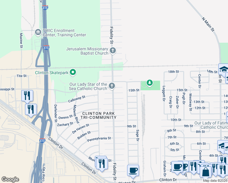 map of restaurants, bars, coffee shops, grocery stores, and more near 1401 Fidelity Street in Houston