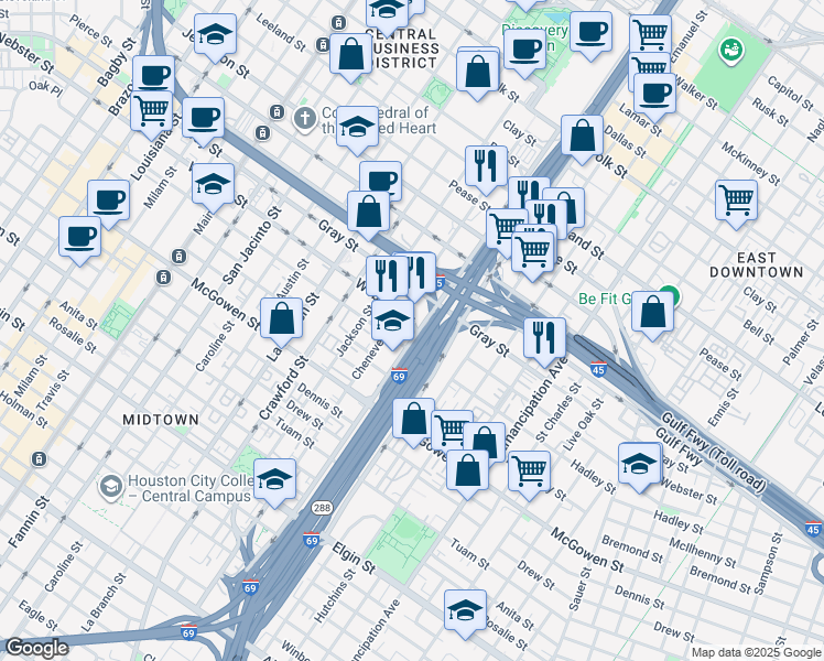 map of restaurants, bars, coffee shops, grocery stores, and more near 2100 Hamilton Street in Houston