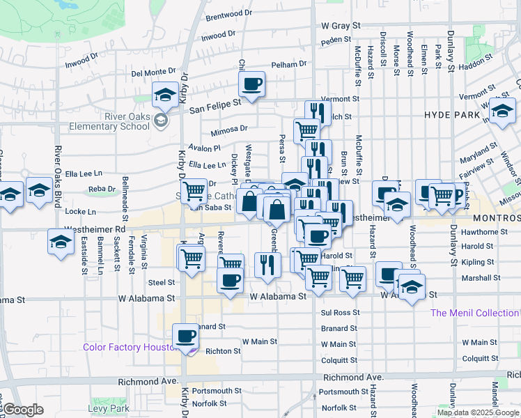 map of restaurants, bars, coffee shops, grocery stores, and more near 2505 Kingston Street in Houston