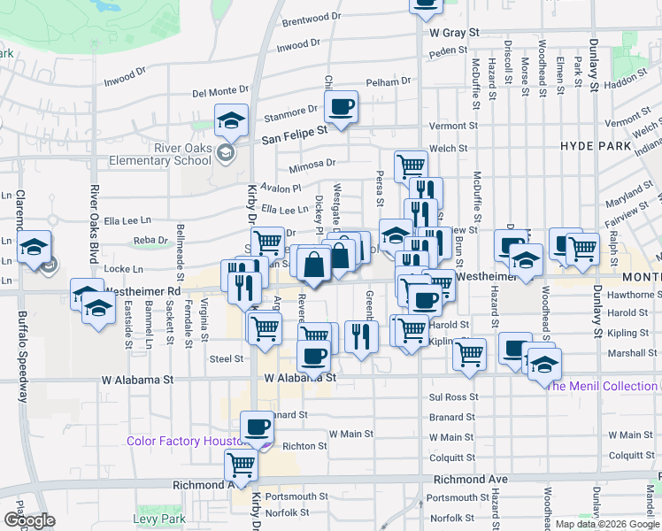 map of restaurants, bars, coffee shops, grocery stores, and more near 2510 Westgate Drive in Houston
