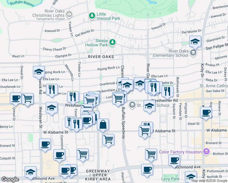 map of restaurants, bars, coffee shops, grocery stores, and more near 3434 Wickersham Lane in Houston