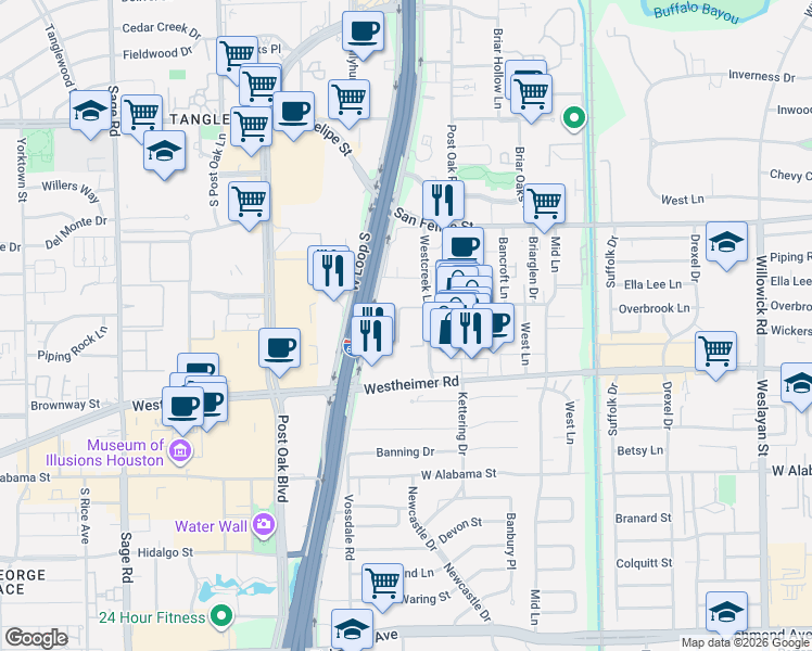 map of restaurants, bars, coffee shops, grocery stores, and more near 2350 Westcreek Lane in Houston