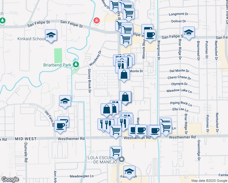 map of restaurants, bars, coffee shops, grocery stores, and more near 7510 Burgoyne Drive in Houston
