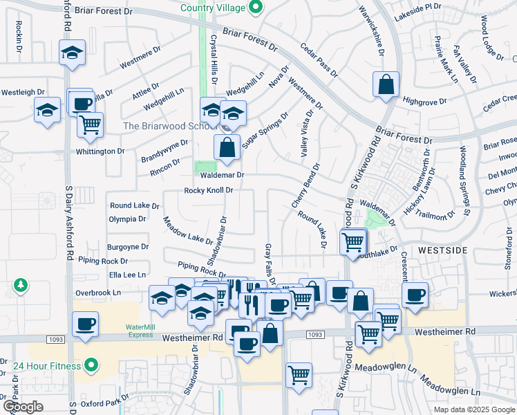 map of restaurants, bars, coffee shops, grocery stores, and more near 2019 Gray Falls Drive in Houston