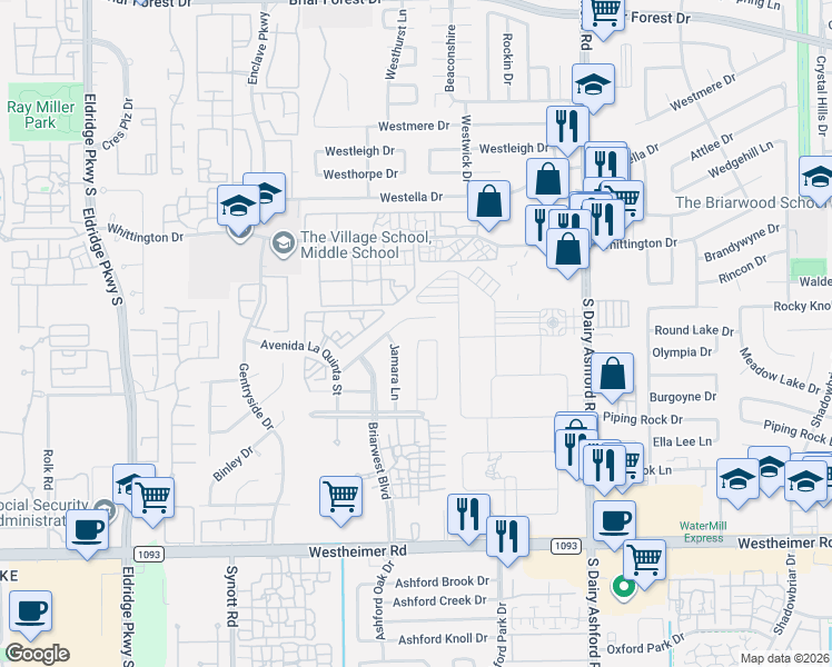 map of restaurants, bars, coffee shops, grocery stores, and more near 12739 Sandri Lane in Houston
